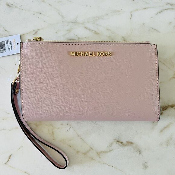 MICHAEL KORS Jet Set Travel Blossom Pale Pink Leather Double Zip Wallet Wristlet - Picture 1 of 7